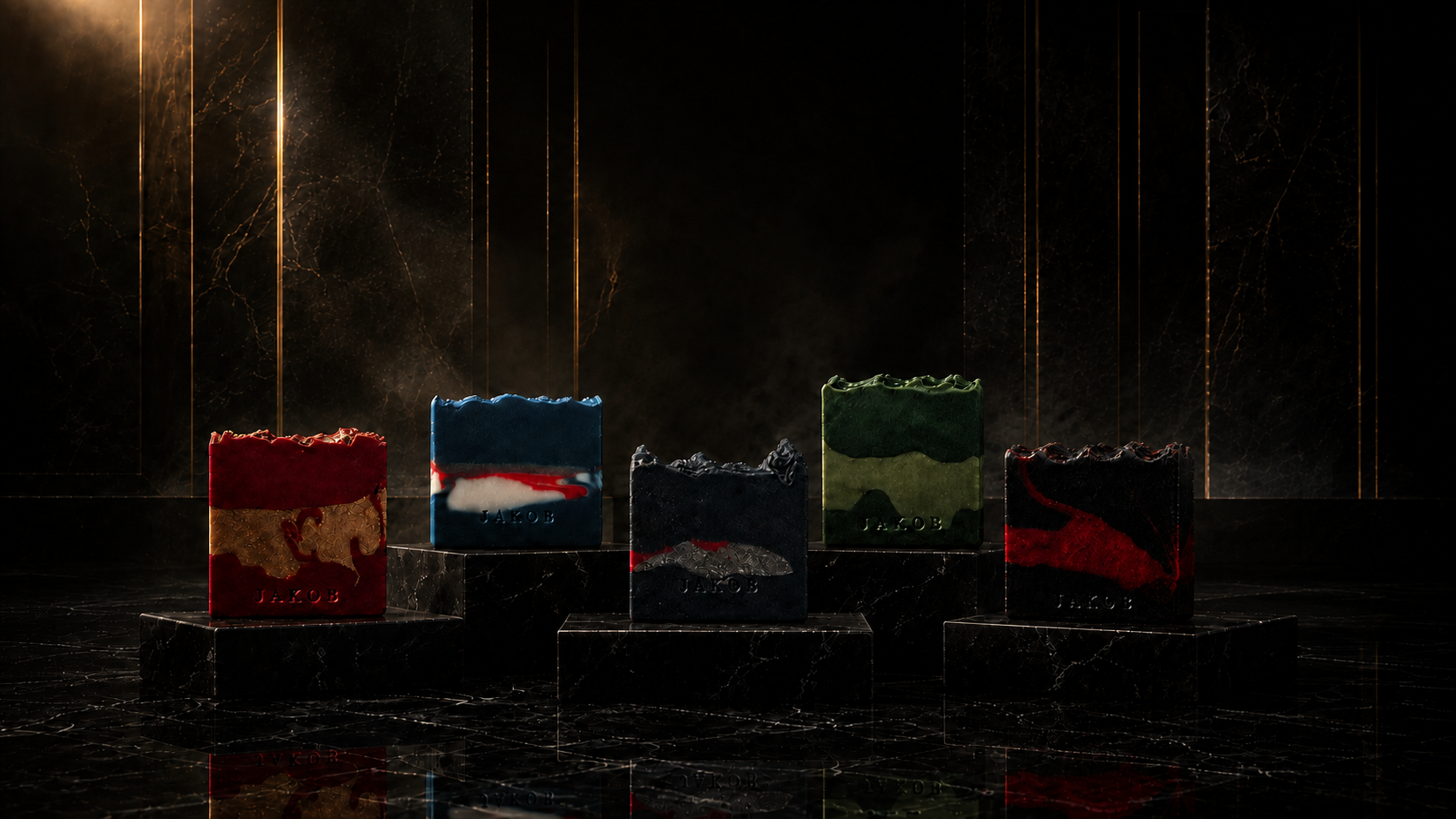 The five signature JAKOB Superhero Collection bars displayed together on black marble plinths