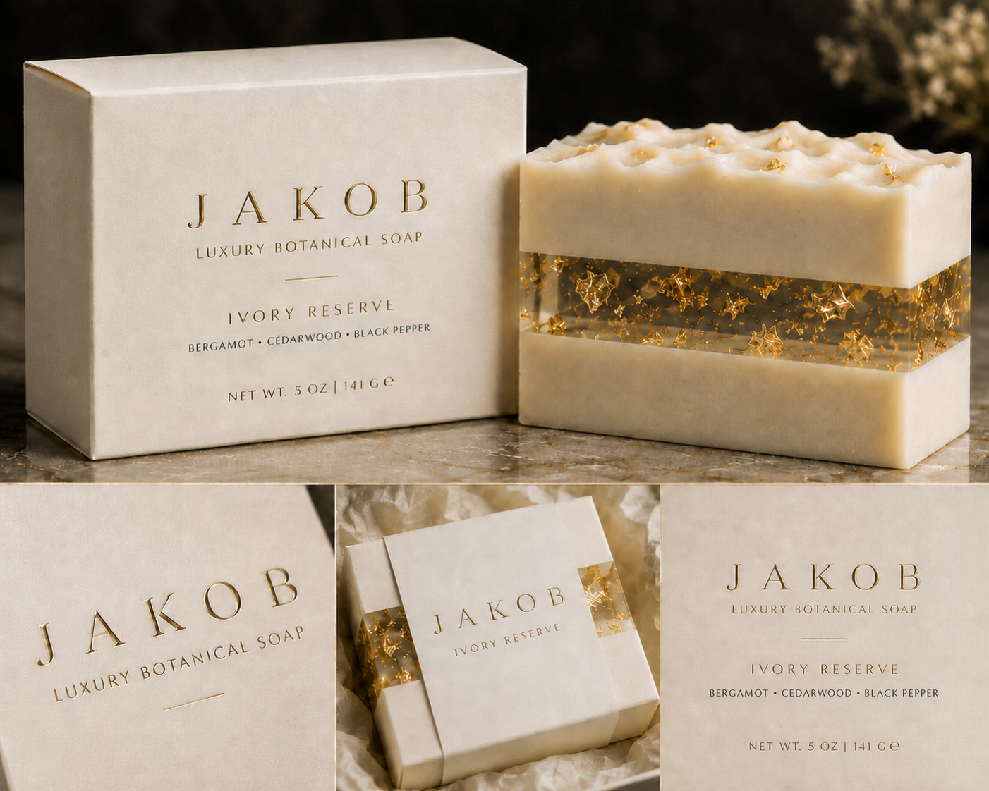 Ivory Reserve luxury botanical soap and packaging
